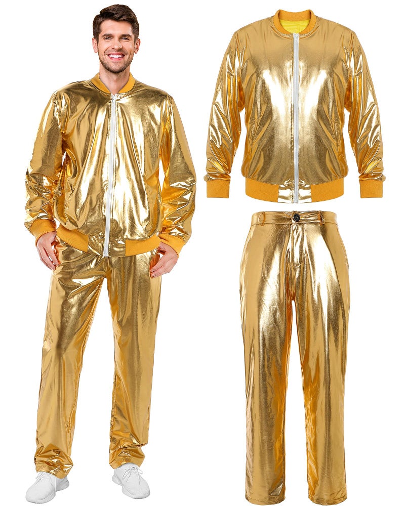 Halfchet Men's Metallic Jacket and Pants Set Jacket Men Straight Leg Trousers Costume for Men Disco Cosplay Party (Gold,X-Large) - Image 2