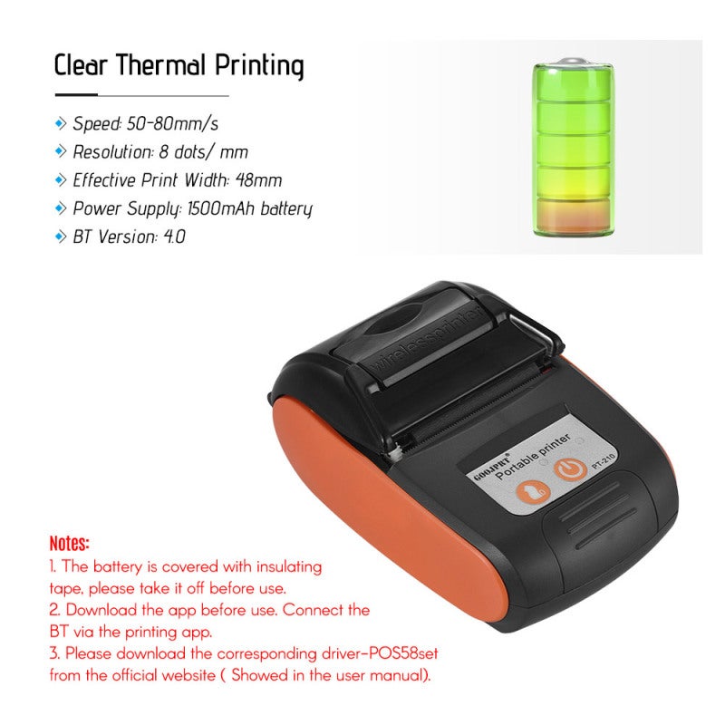 GOOJPRT Portable Thermal Printer PT-210 58mm Handheld Receipt Printer - Wireless BT Printer with 1500mAh Battery for Retail Stores Restaurants - Image 4