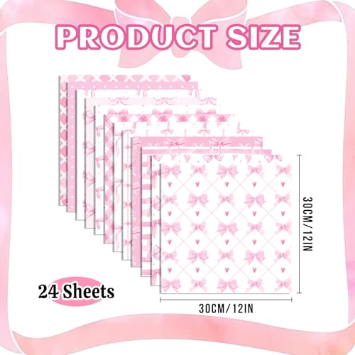 Feivando 24 Sheets Pink Bow Scrapbook Paper 12'' × 12'' Double-Sided Bows Pattern Paper Pink Plaid Decorative Decoupage Cardstock for DIY Card Craft Making Scrapbook Supplies - Image 2