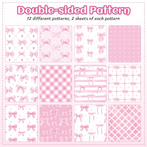 Feivando 24 Sheets Pink Bow Scrapbook Paper 12'' × 12'' Double-Sided Bows Pattern Paper Pink Plaid Decorative Decoupage Cardstock for DIY Card Craft Making Scrapbook Supplies - Image 3
