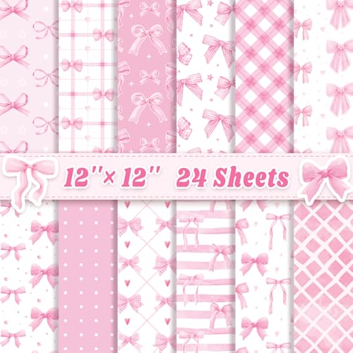 Feivando 24 Sheets Pink Bow Scrapbook Paper 12'' × 12'' Double-Sided Bows Pattern Paper Pink Plaid Decorative Decoupage Cardstock for DIY Card Craft Making Scrapbook Supplies - Image 1