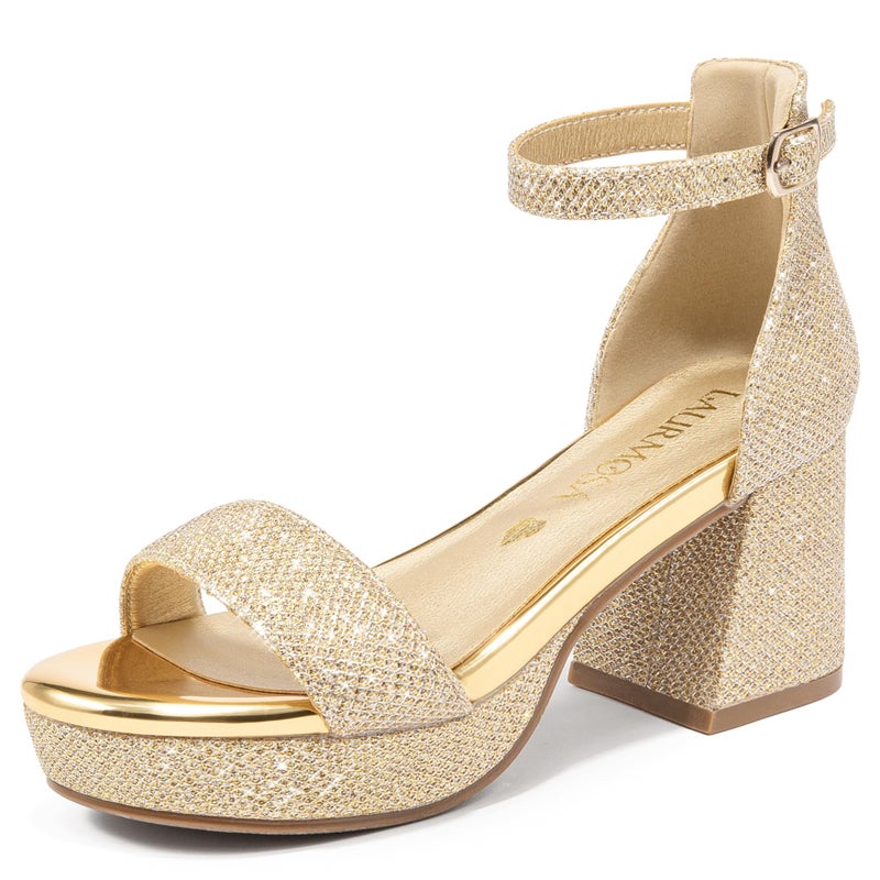 LAURMOSA Girls Heels for Kids Sandals Girls Dress Shoes Size 4 Flower Girl Shoes Champagne High Heels for Kids Glitter Sparkle Open Toe Platform Dress Sandals Big Tweens Wedding Party (L1038GlCham 4) - Image 1
