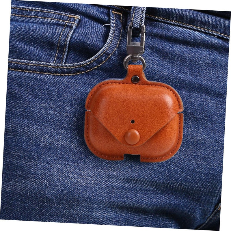 Light Brown Leather Earphone Case Durable Protective Cover with Clip - Image 4