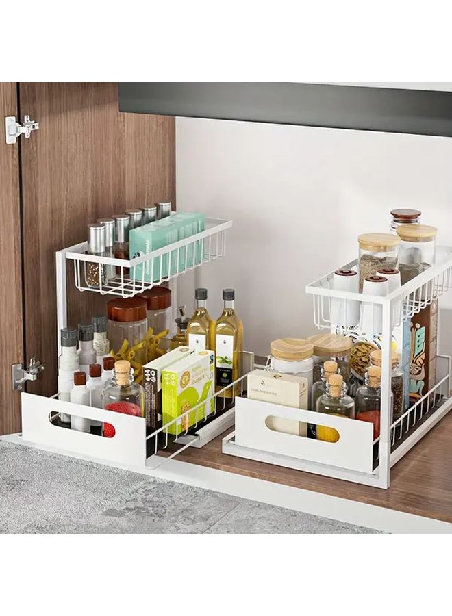 White 2 Tier Metal Pull Out Under Sink Organizer Storage Rack For Kitchen Bathroom - Image 2