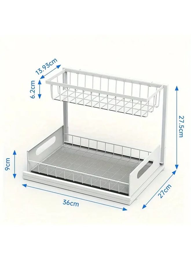 White 2 Tier Metal Pull Out Under Sink Organizer Storage Rack For Kitchen Bathroom - Image 1