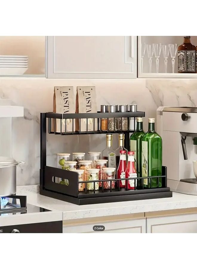 White 2 Tier Metal Pull Out Under Sink Organizer Storage Rack For Kitchen Bathroom - Image 5