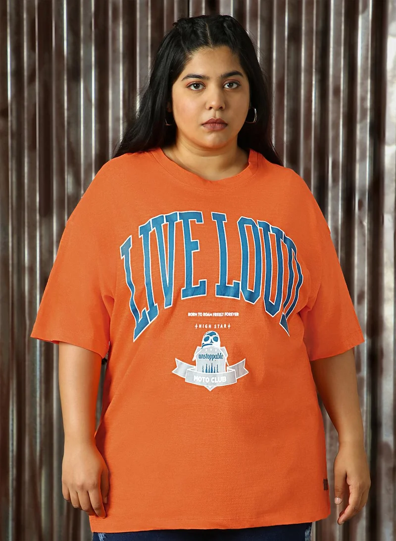 HIGH STAR Women's Orange 100% Cotton Printed Plus Size Oversized T-Shirt
