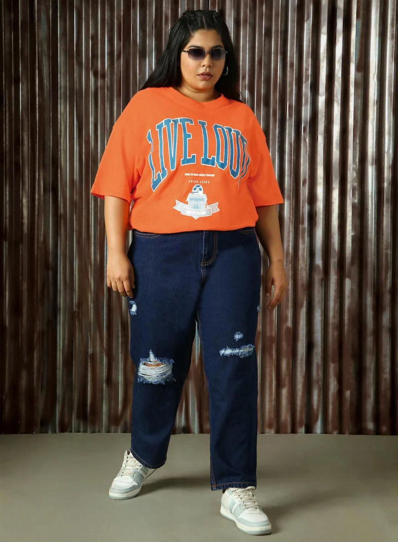 HIGH STAR Women's Orange 100% Cotton Printed Plus Size Oversized T-Shirt