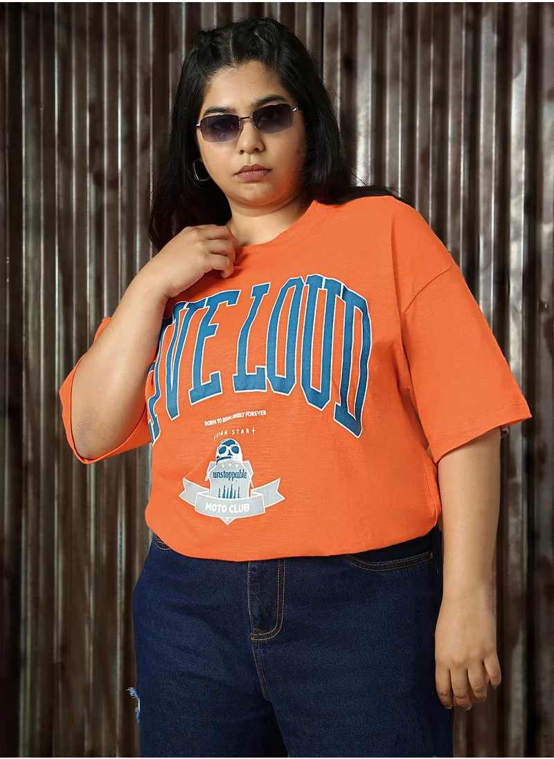 هاي ستار Women's Orange 100% Cotton Printed Plus Size Oversized T-Shirt