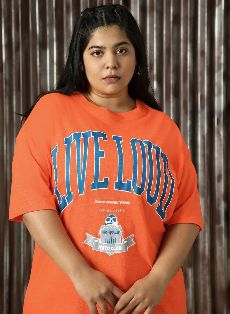 HIGH STAR Women's Orange 100% Cotton Printed Plus Size Oversized T-Shirt