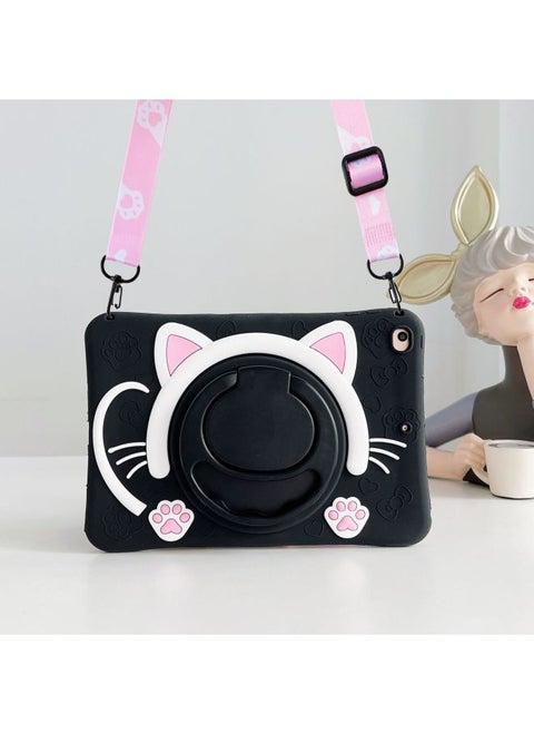 360 Rotating Cat Face For Apple Ipad56 Generation 10.9/10.2 Huawei V7 Samsung A9T295 Lenovo Vivo-Color:Black Cat Pink Cat Slant Long Rope (without Shell)-Applicable Model:Glory V7pro (11 Inch)