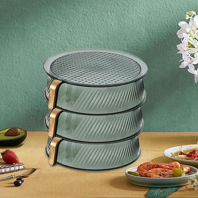 KRLZ KRLZ 3 Layer Dish Reusable Insulated Multi-Function Picnic Cover with Bugs Protection Home Snack Tent Food Green Handle Lid Serving Handheld Tray Kitchen Plates Fruits (3 Pcs)  - Image 1