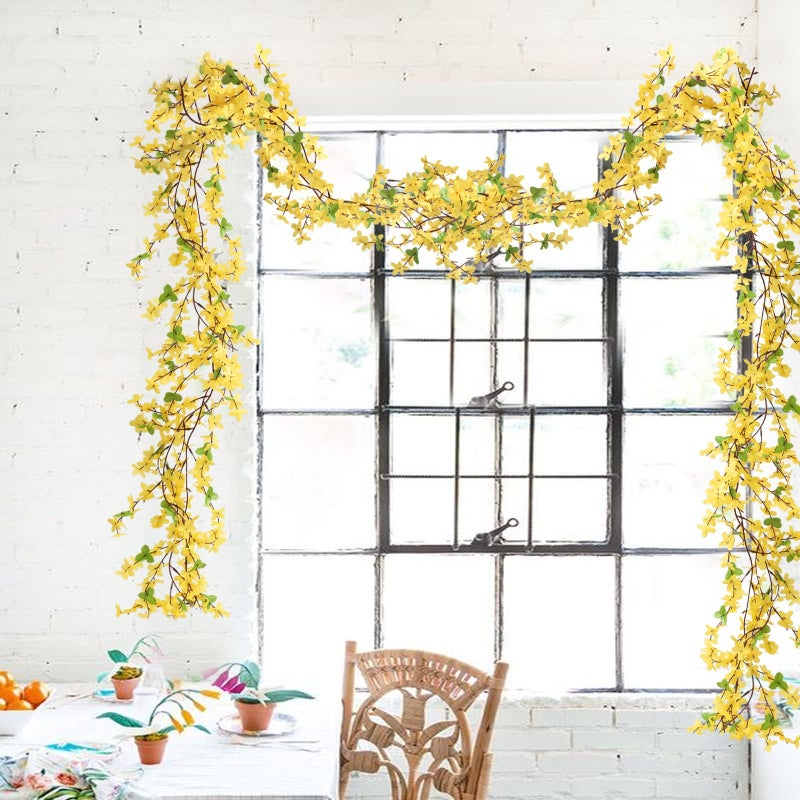 HO2NLE 4pcs 23.6ft Forsythia Garland Artificial Flower Garlands Spring Garland for Mantle Fake Hanging Flower Vines Home Wall Home Party Wedding Indoor Outdoor Bedroom Wedding Decoration - Image 2