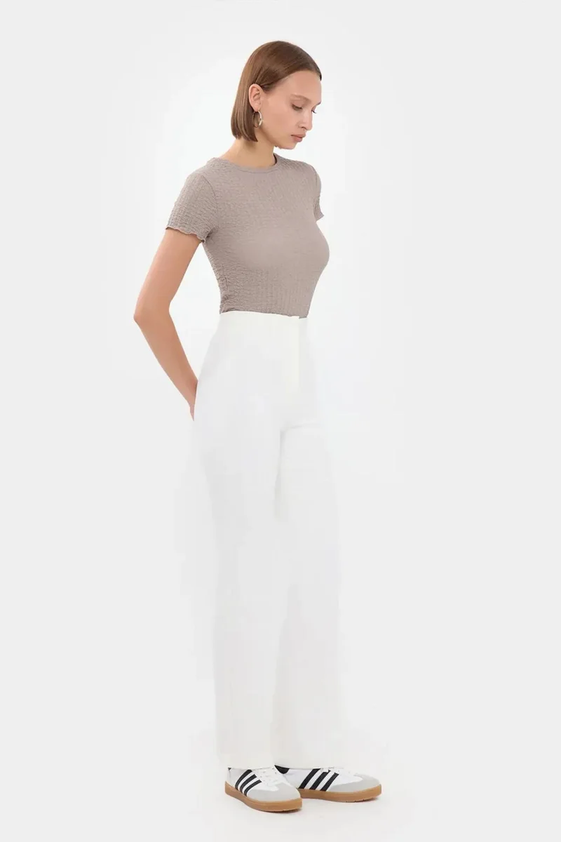 Hiccup Natural Crinkle Woven Short Sleeve Round Neck Top for Women | Best Price UAE