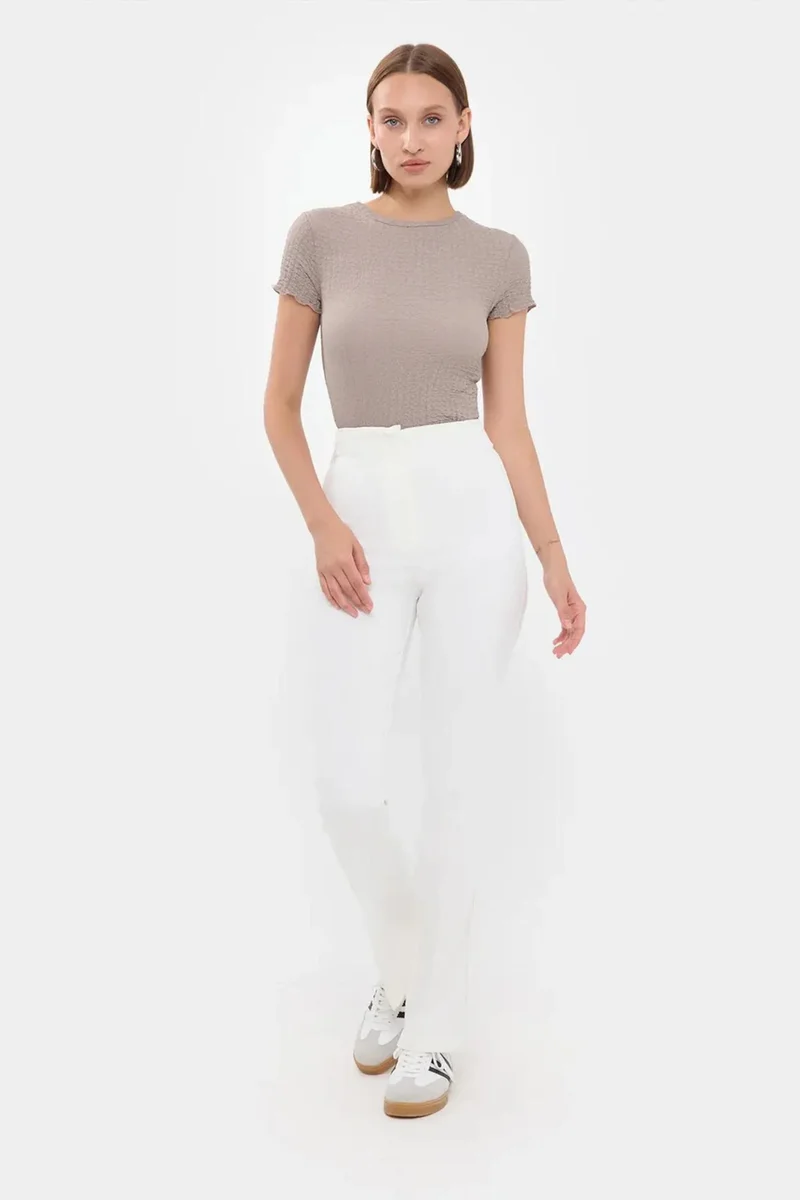 Hiccup Natural Crinkle Woven Short Sleeve Round Neck Top for Women | Best Price UAE