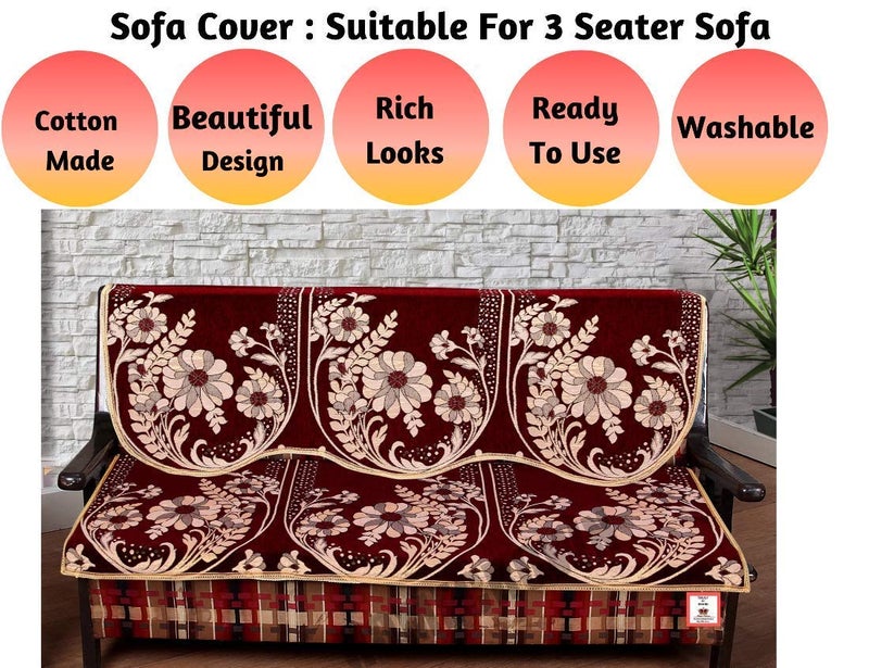 HOMECROWN Beautiful Floral Design 3 Seater Cotton Fabric Sofa Cover Set for Living Room Maroon Color 2 Pieces - Image 2