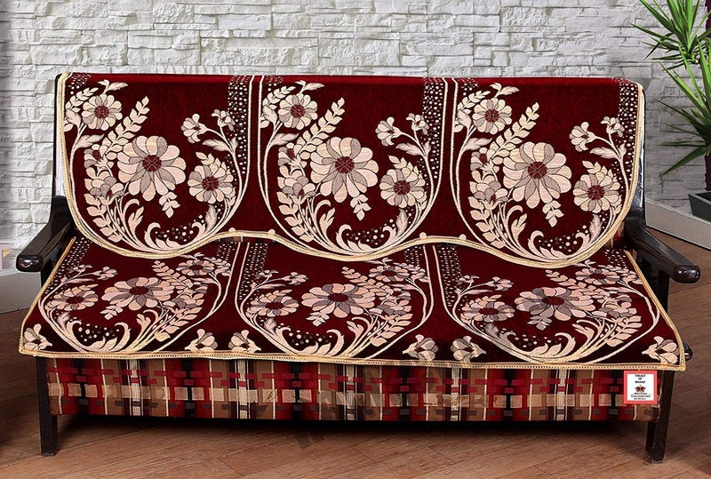 HOMECROWN Beautiful Floral Design 3 Seater Cotton Fabric Sofa Cover Set for Living Room Maroon Color 2 Pieces - Image 1