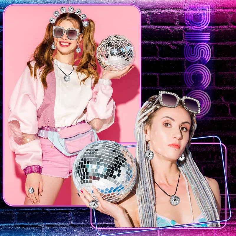 Tudomro 5 Pcs 1970s Disco Outfit Woman Party Costume Set Disco Ball Earrings Headband Ring Sunglasses & Necklace Accessories(Stylish Style) - Image 5