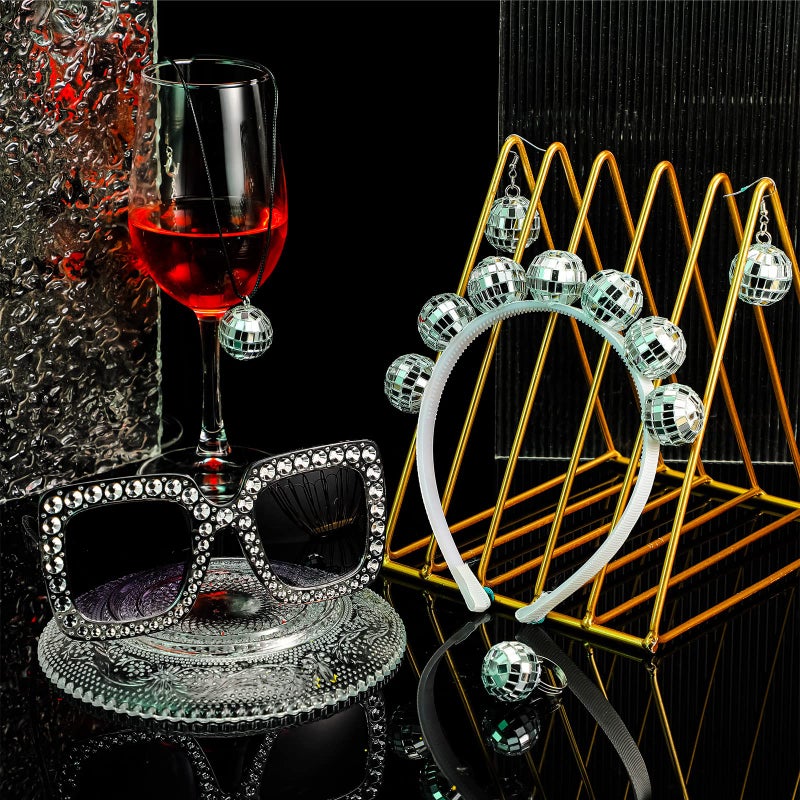 Tudomro 5 Pcs 1970s Disco Outfit Woman Party Costume Set Disco Ball Earrings Headband Ring Sunglasses & Necklace Accessories(Stylish Style) - Image 2
