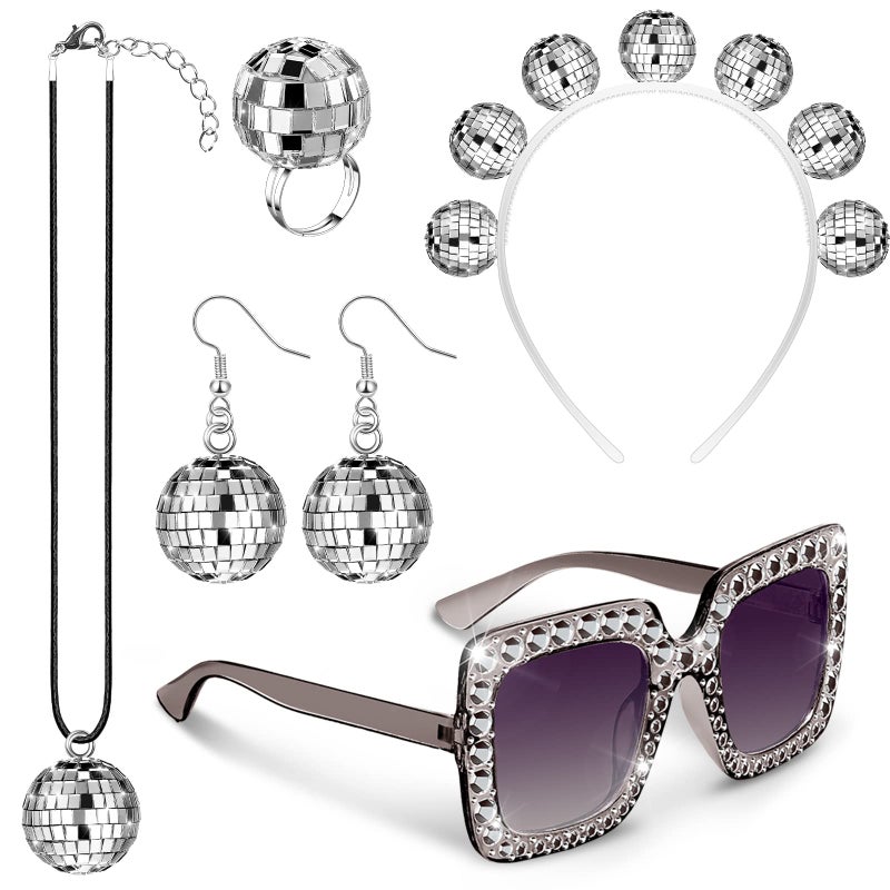 Tudomro 5 Pcs 1970s Disco Outfit Woman Party Costume Set Disco Ball Earrings Headband Ring Sunglasses & Necklace Accessories(Stylish Style) - Image 1