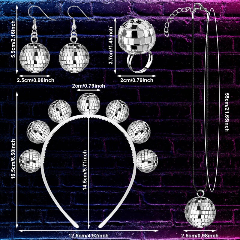 Tudomro 5 Pcs 1970s Disco Outfit Woman Party Costume Set Disco Ball Earrings Headband Ring Sunglasses & Necklace Accessories(Stylish Style) - Image 3