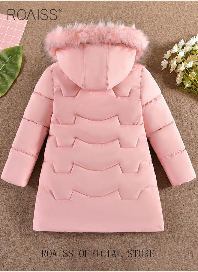 roaiss - Children's Soft and Skin-Friendly Mid-Length Winter Coat with Fleece and Fur Collar—Solid Color Down Jacket with Simple Design and Zip Featuring Cartoon Pattern - Image 1