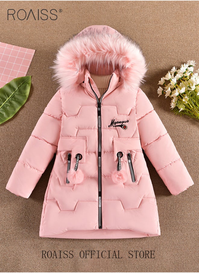 roaiss - Children's Soft and Skin-Friendly Mid-Length Winter Coat with Fleece and Fur Collar—Solid Color Down Jacket with Simple Design and Zip Featuring Cartoon Pattern - Image 1