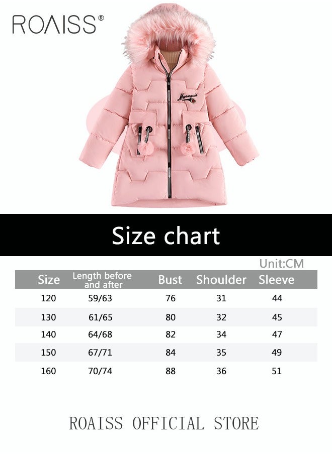 roaiss - Children's Soft and Skin-Friendly Mid-Length Winter Coat with Fleece and Fur Collar—Solid Color Down Jacket with Simple Design and Zip Featuring Cartoon Pattern - Image 1