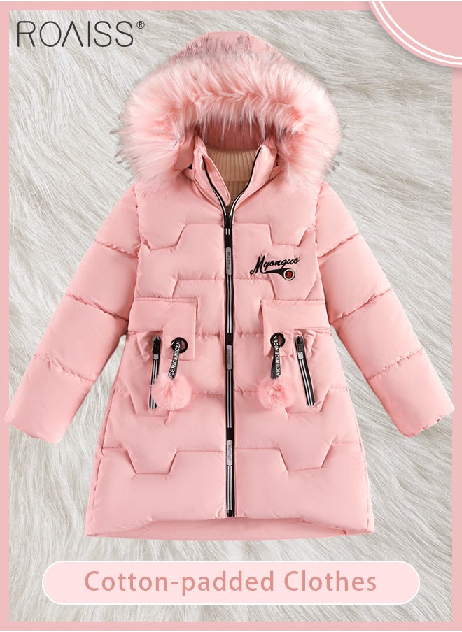 roaiss - Children's Soft and Skin-Friendly Mid-Length Winter Coat with Fleece and Fur Collar—Solid Color Down Jacket with Simple Design and Zip Featuring Cartoon Pattern - Image 1