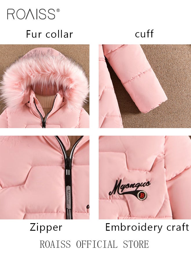 roaiss - Children's Soft and Skin-Friendly Mid-Length Winter Coat with Fleece and Fur Collar—Solid Color Down Jacket with Simple Design and Zip Featuring Cartoon Pattern - Image 1