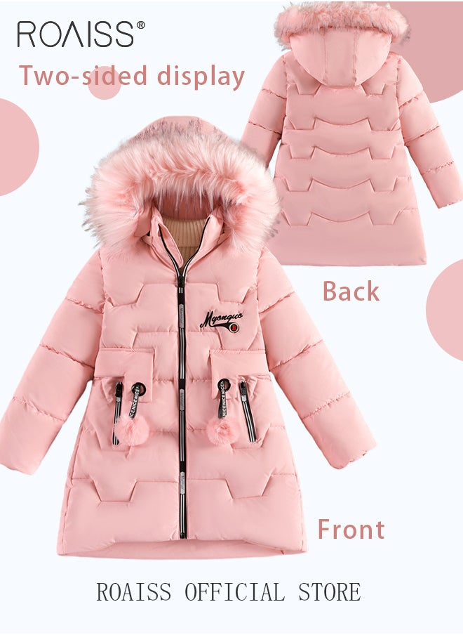 roaiss - Children's Soft and Skin-Friendly Mid-Length Winter Coat with Fleece and Fur Collar—Solid Color Down Jacket with Simple Design and Zip Featuring Cartoon Pattern - Image 1