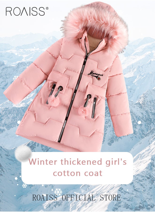 roaiss - Children's Soft and Skin-Friendly Mid-Length Winter Coat with Fleece and Fur Collar—Solid Color Down Jacket with Simple Design and Zip Featuring Cartoon Pattern - Image 1