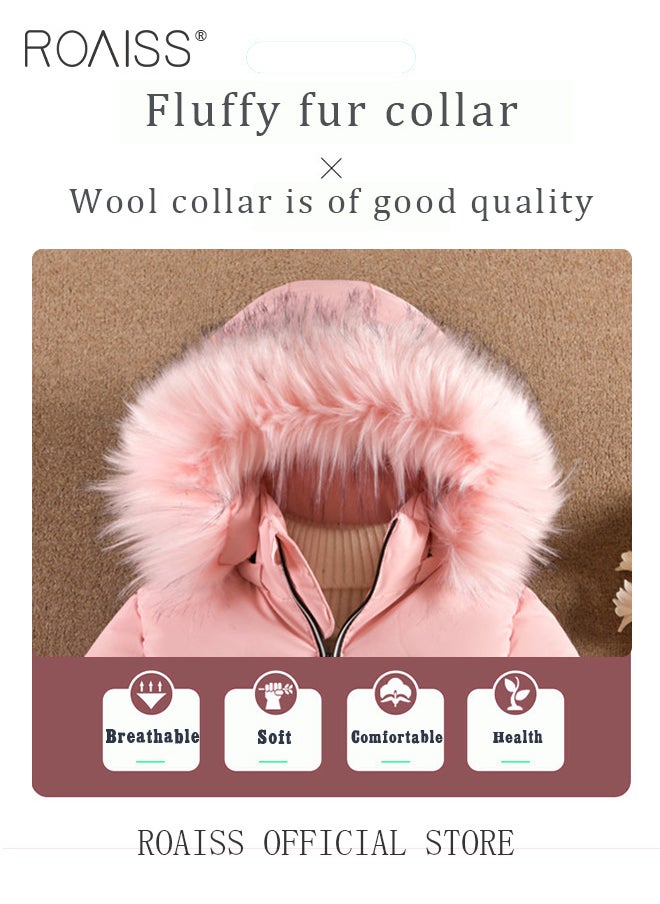 roaiss - Children's Soft and Skin-Friendly Mid-Length Winter Coat with Fleece and Fur Collar—Solid Color Down Jacket with Simple Design and Zip Featuring Cartoon Pattern - Image 1