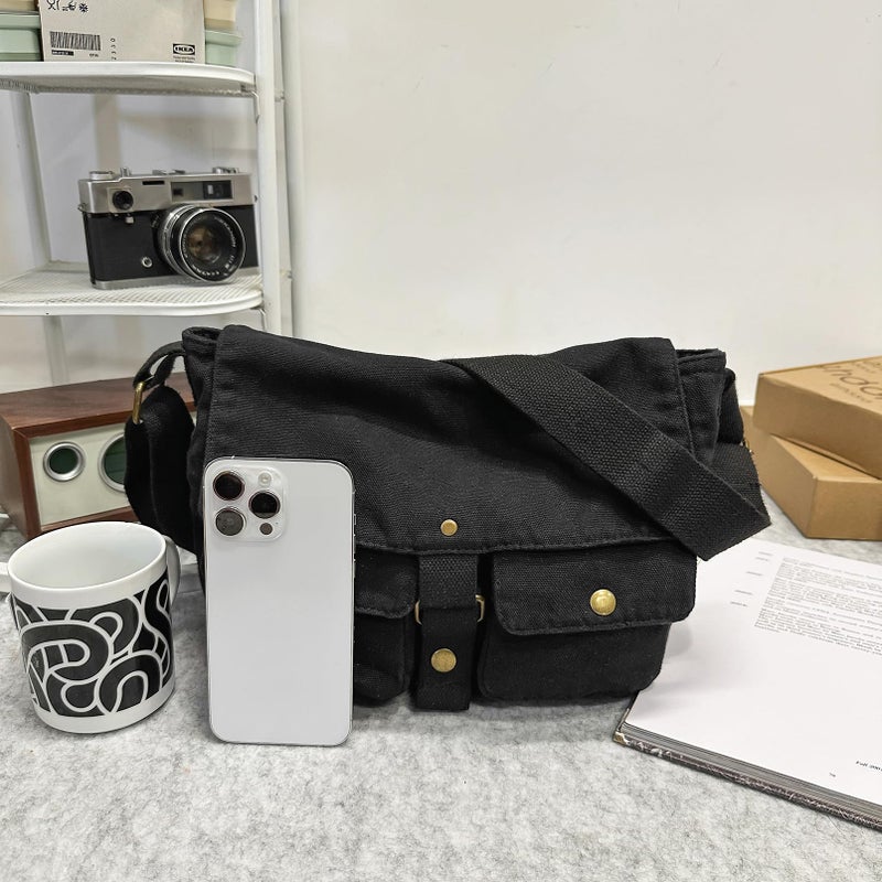 AFGWK School Vintage Canvas Messenger Bag for Men Crossbody Shoulder Bag Satchel Handbags(Black) - Image 3