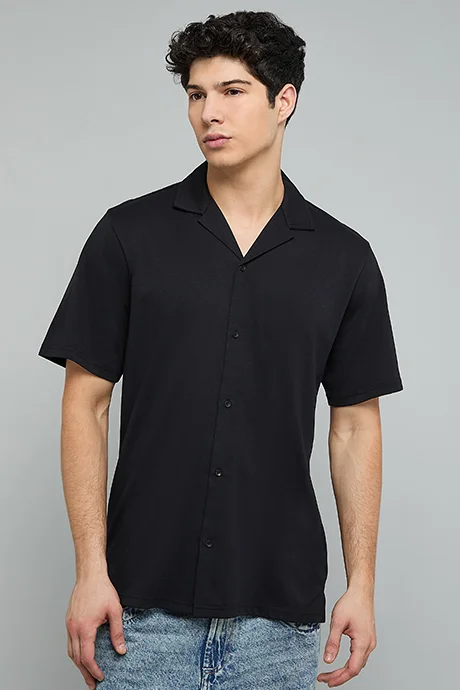 أر أند بي Textured Shirt with Revere Collar and Short Sleeves