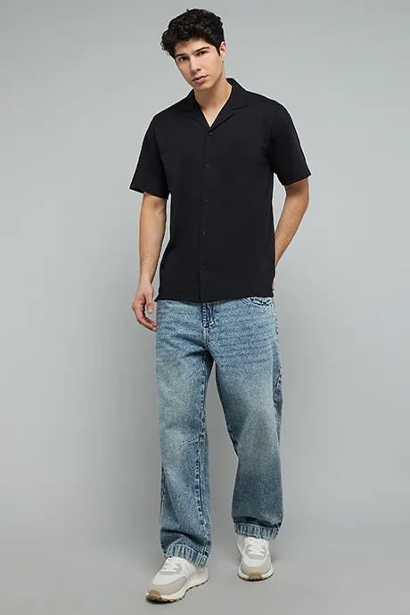 أر أند بي Textured Shirt with Revere Collar and Short Sleeves