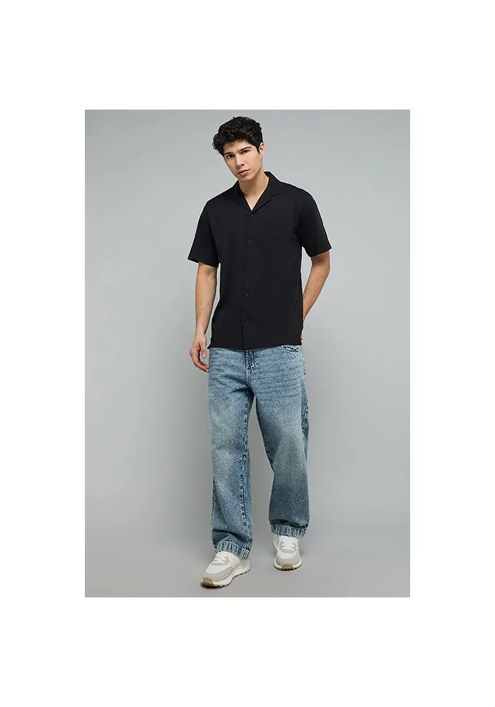 أر أند بي Textured Shirt with Revere Collar and Short Sleeves