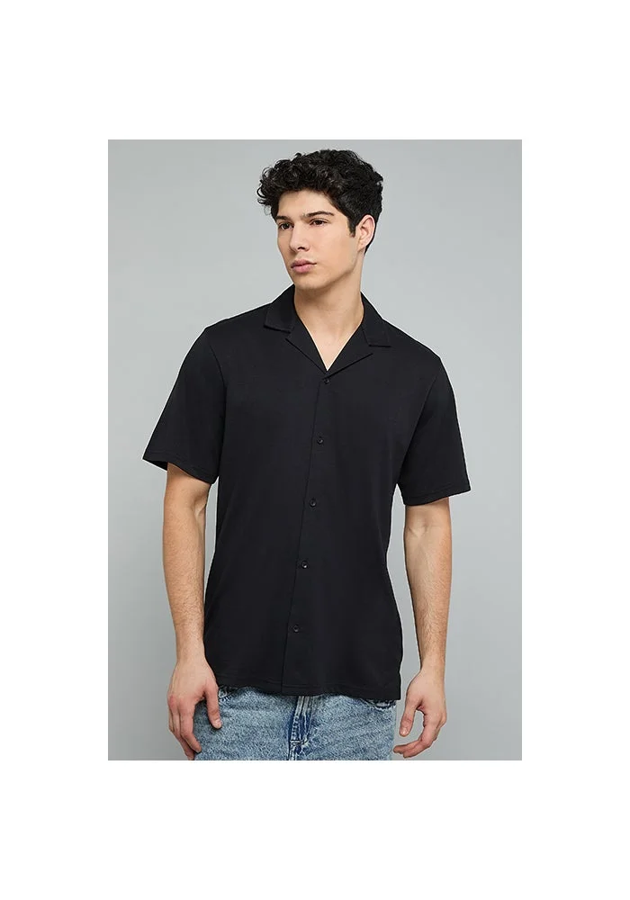 أر أند بي Textured Shirt with Revere Collar and Short Sleeves