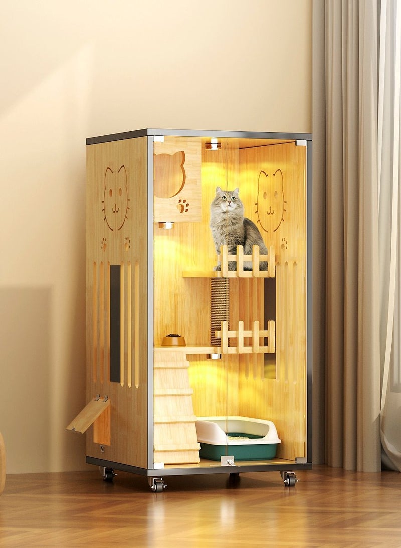 Sunshinee Sunshine A-2 Brown Luxury Wooden Cat Villa with Glass Front Door, Small Side Door, Bottom Wheels for Easy Movement and Internal Scratcher 60*60*125 cm - Image 1