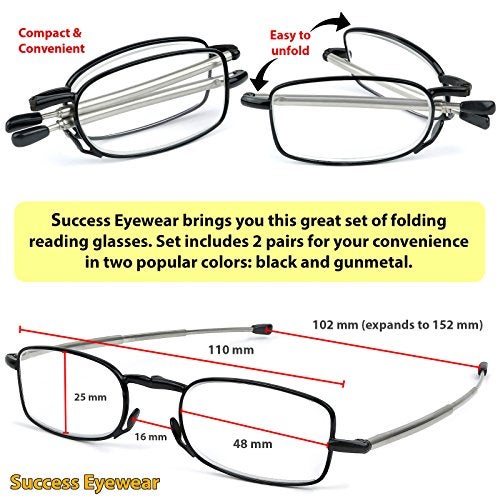 Success Eyewear Reading Glasses 2 Pair Black and Gunmetal Readers Compact Folding Glasses for Reading for Men and Women Case Included Bundle: Set of Black and Gunmetal With 2 Cases 3 - Image 4