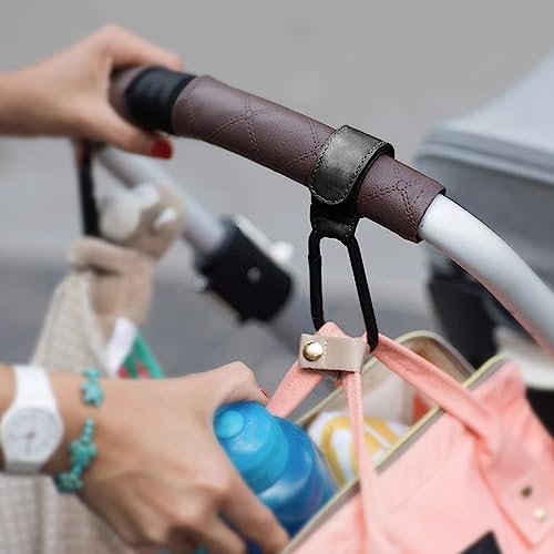 Noneea 2PCS Stroller Hook Accessories, Multipurpose Stroller Bag Hook, Award Winning Leather Stroller Clip (Black) - Image 2