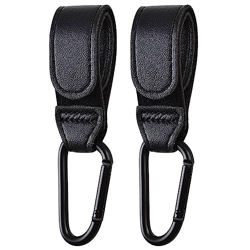 Noneea 2PCS Stroller Hook Accessories, Multipurpose Stroller Bag Hook, Award Winning Leather Stroller Clip (Black) - Image 1