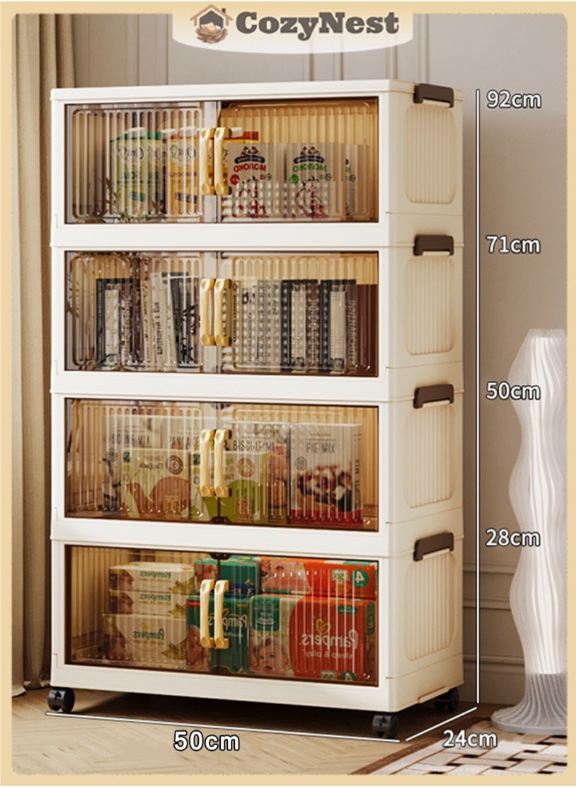 4-Tier Foldable Plastic Storage Cabinet, 50cm with Handle, Double Doors & Wheels, Stackable Organizer Box, Foldable Storage Cabinet for Clothes, Toys, Office Supplies