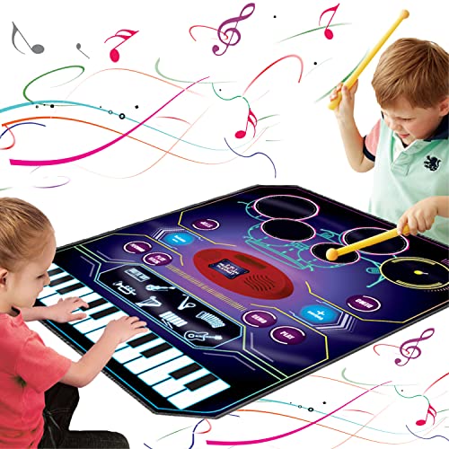 QShark 2 in 1 Kids Music Learning Toys for Boys Girls Drum Set  Piano Mat  Record  Playback Builtin Songs 8 Instrument Sounds 24 Keys Christmas Birthday Gifts for Toddler 3 4 5 6 7 8 Years - Image 1