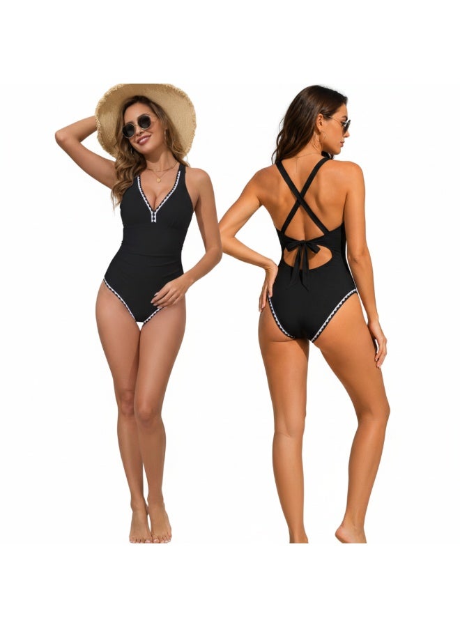 SHOWDAY Women's One-Piece Swimsuit – V-Neck Tummy Control Swimwear with Crisscross Back Tie, Black - Image 1