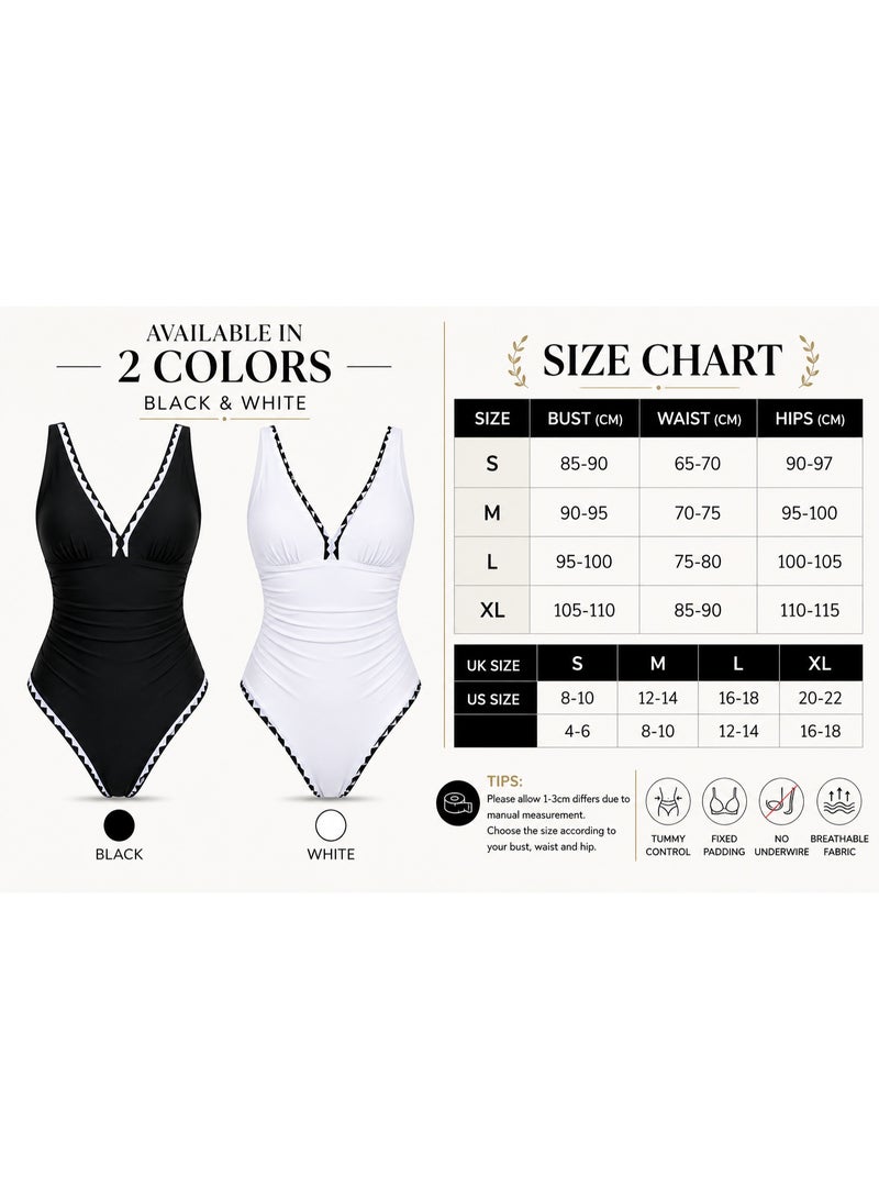 SHOWDAY Women's One-Piece Swimsuit – V-Neck Tummy Control Swimwear with Crisscross Back Tie, Black - Image 4