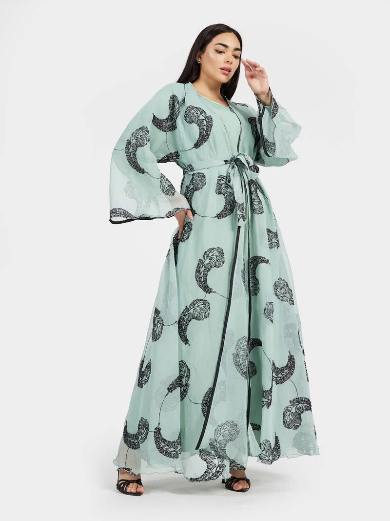 Reem Abayas Mint Green Marble Print Organza Abaya with Feather Sequin Motifs