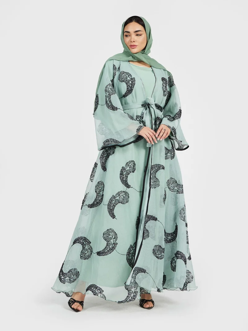 Reem Abayas Mint Green Marble Print Organza Abaya with Feather Sequin Motifs