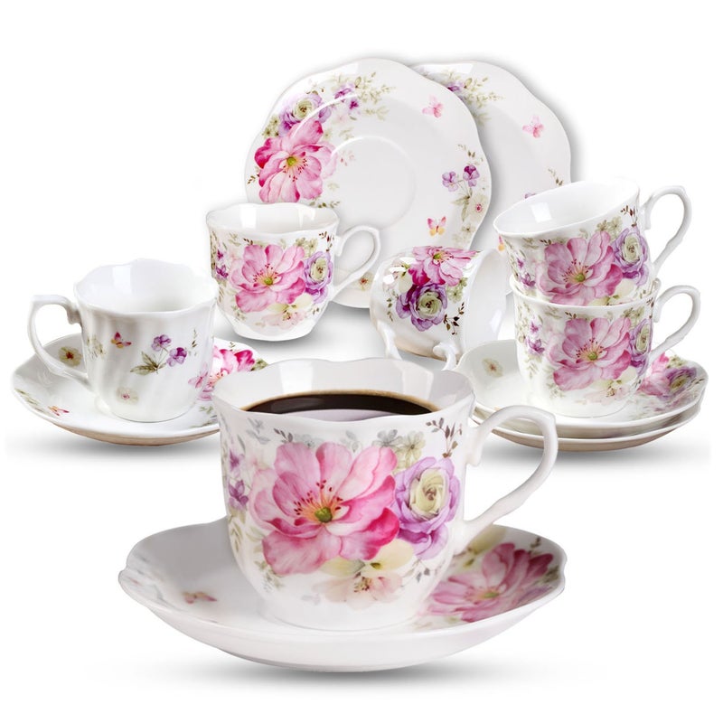 GuangYang 12 Pieces Tiny Style Espresso Cups and Saucers25 ounce80mlSet of 6Mini Premium Porcelain Coffee Cup Set Fancy Flower Pattern Design