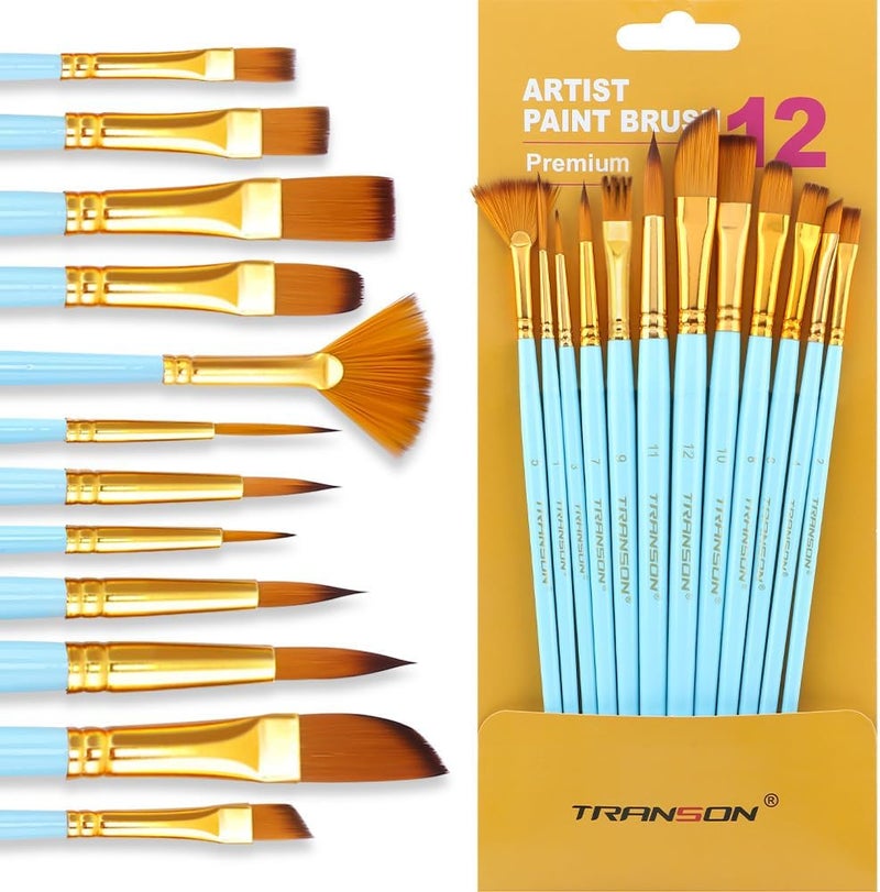 TRANSON Art Painting Brush Assorted Set of 12 for Acrylic Watercolor Gouache Hobby Painting - Image 1